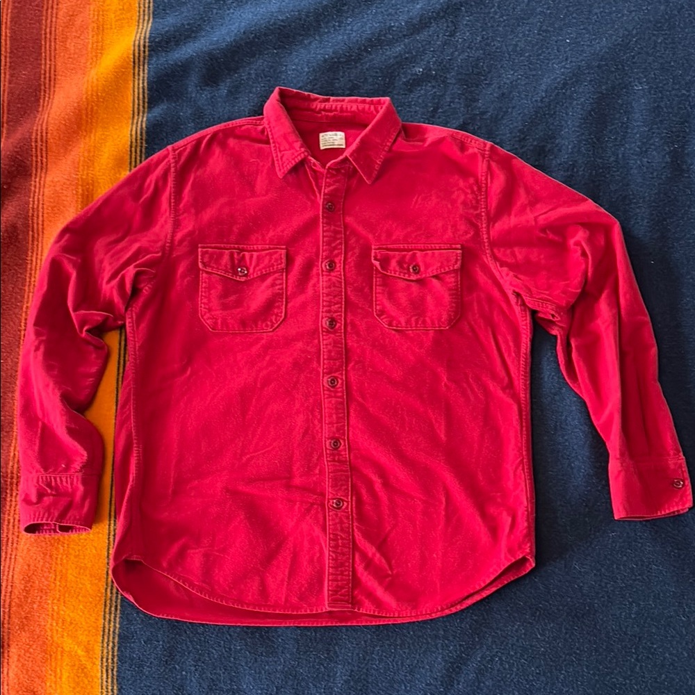 Mens, J. Crew large, red, flannel, long-sleeve, button-up shirt.